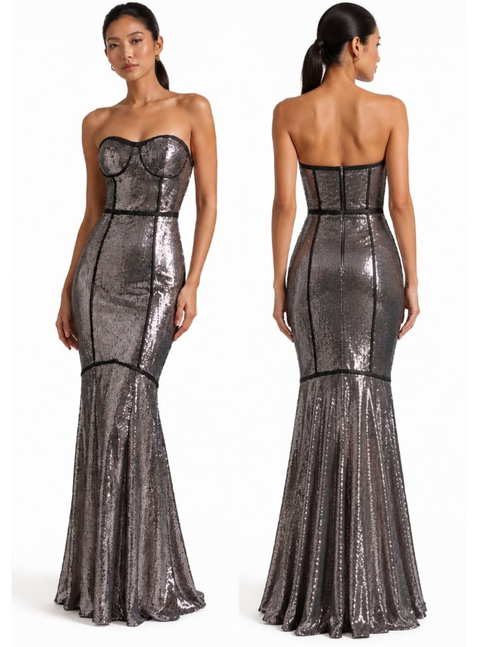 💥SHOWSTOPPER!💥SEQUIN CORSET BABDAGE MURMAID DRESS in SILVER & BLACK